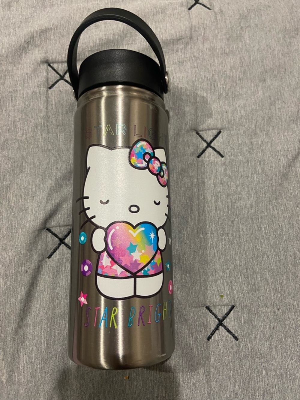 Hello Kitty Silver Kids Water Bottle with Multicolor Heart and Bow